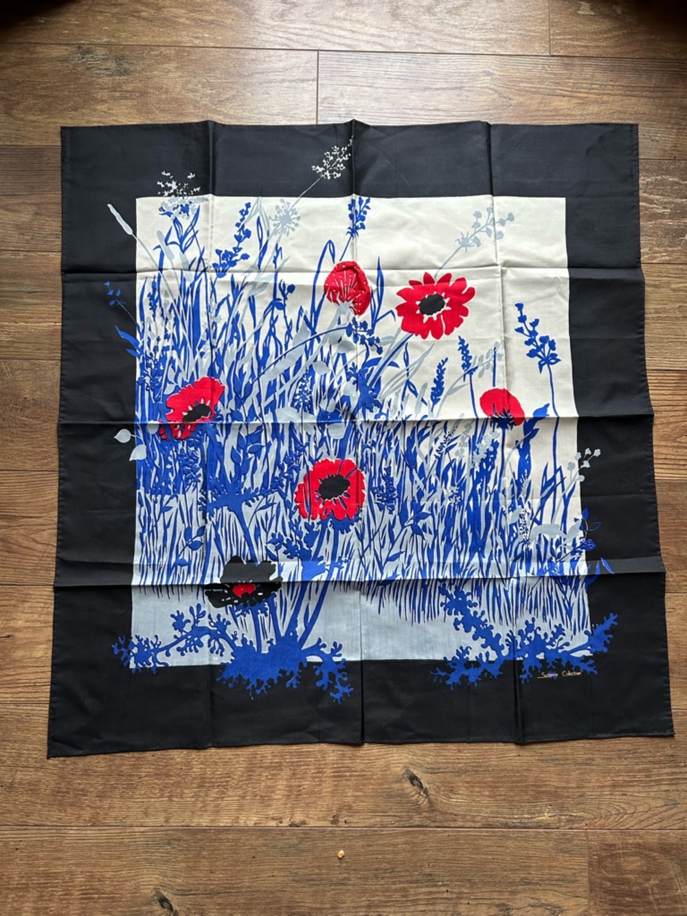 Hand-Woven Thai Silk Square Scarf with Blue Botanical Print